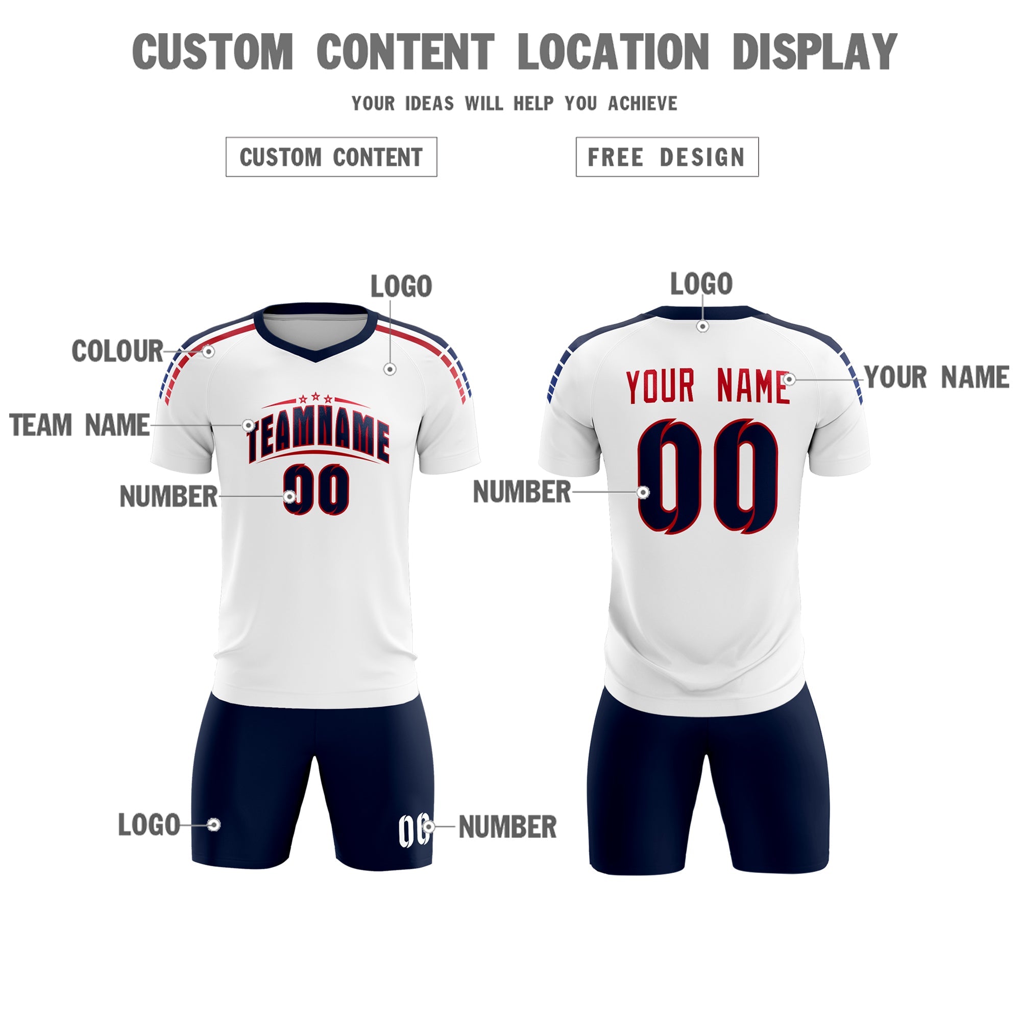 Custom white Striped Quick Dry Tops Soccer Sets Jersey