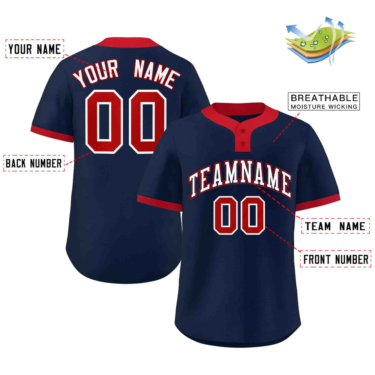 Custom Navy White-Red Classic Style Authentic Two-Button Baseball Jersey