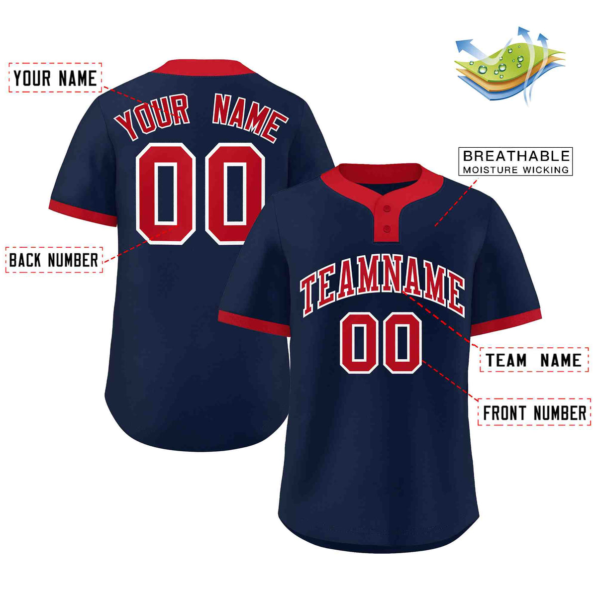 Custom Navy Red Classic Style Authentic Two-Button Baseball Jersey