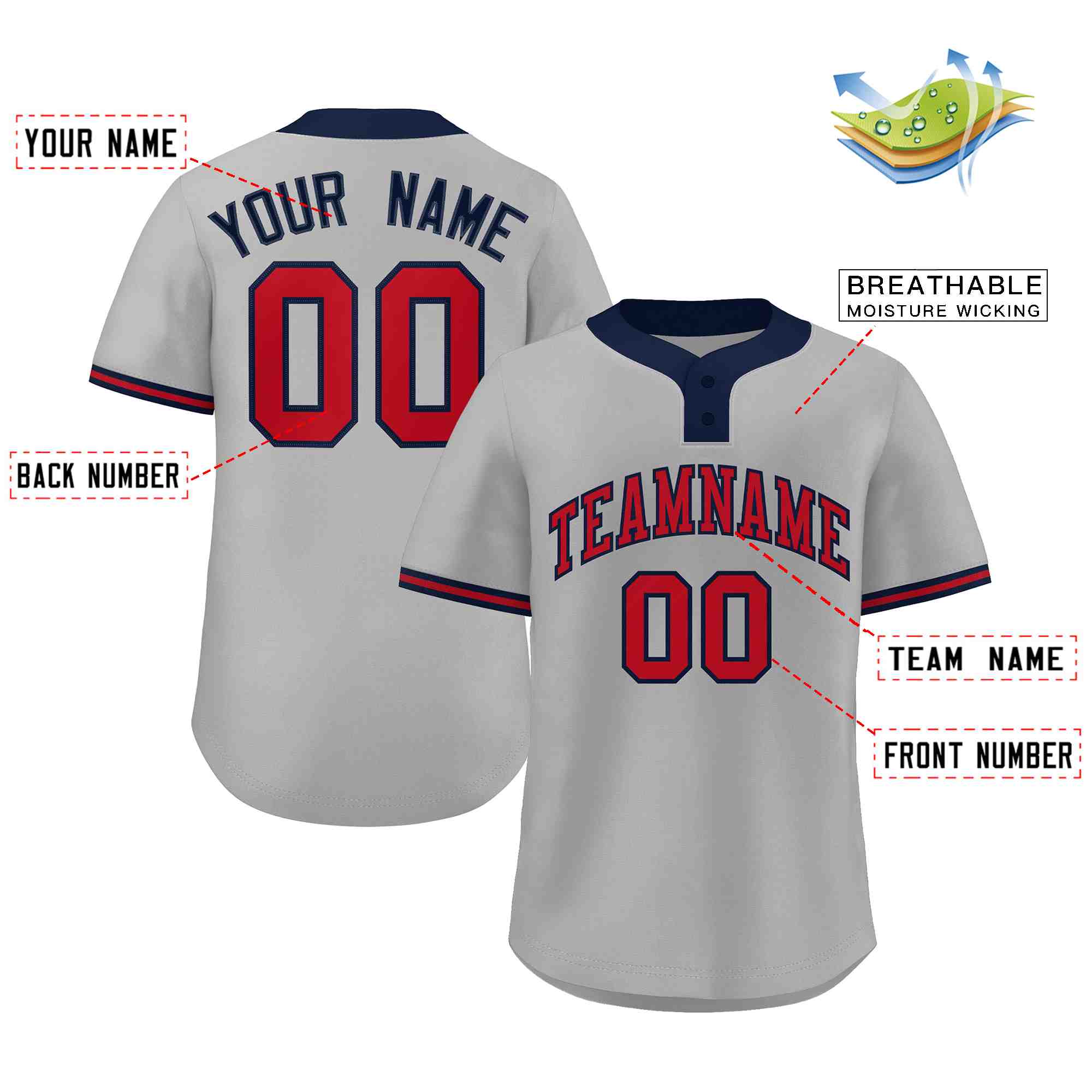 Custom Gray Red-Navy Classic Style Authentic Two-Button Baseball Jersey