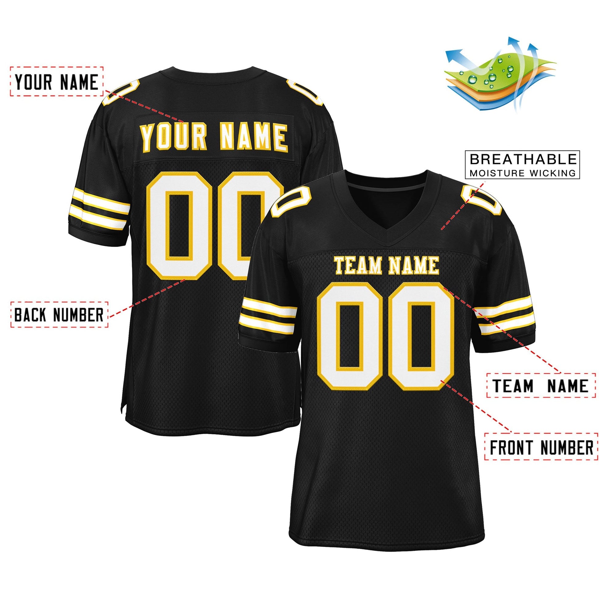 Custom Black White-Gold Classic Style Mesh Authentic Football Jersey