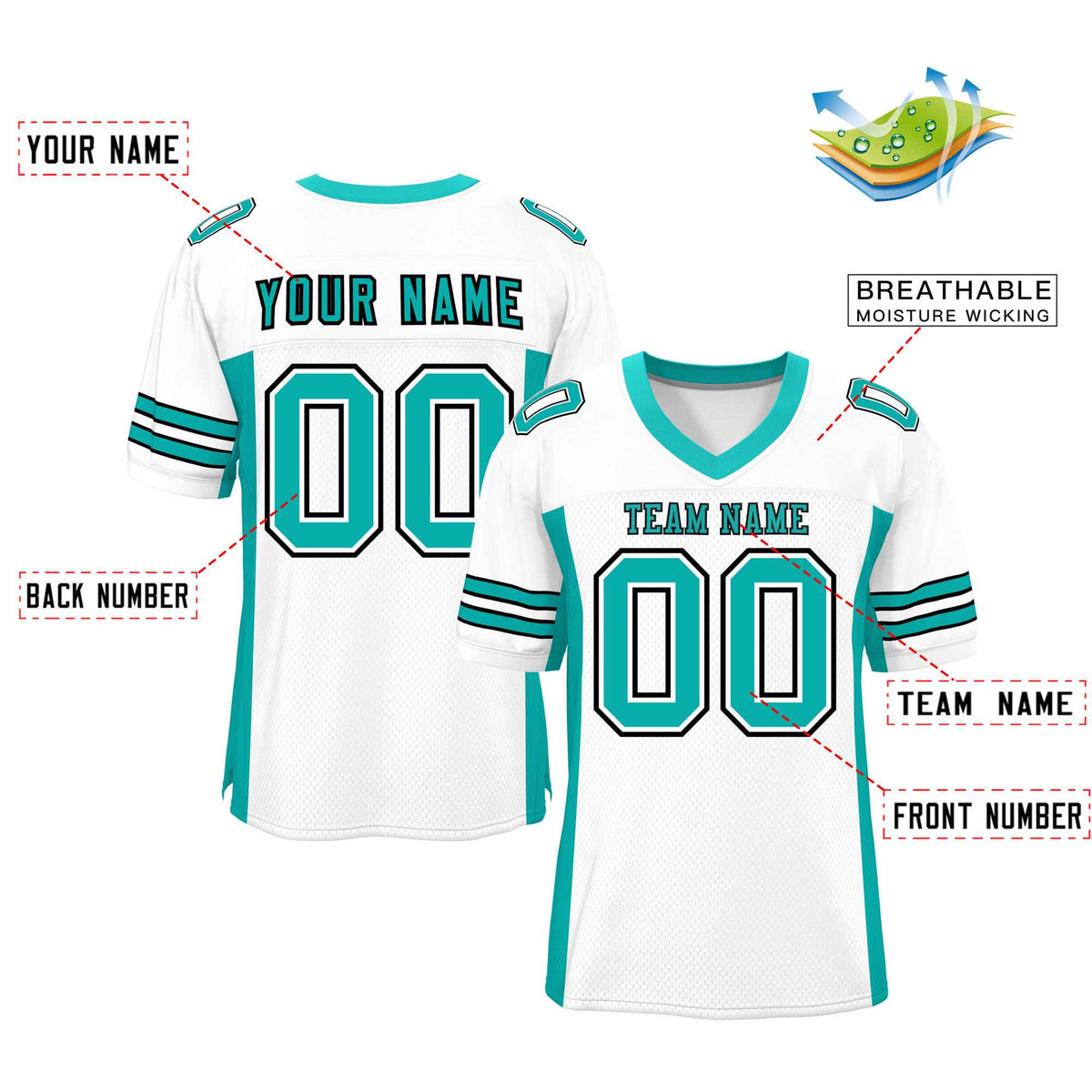 Custom White Aqua Insert Color Design Mesh Authentic Football Jersey