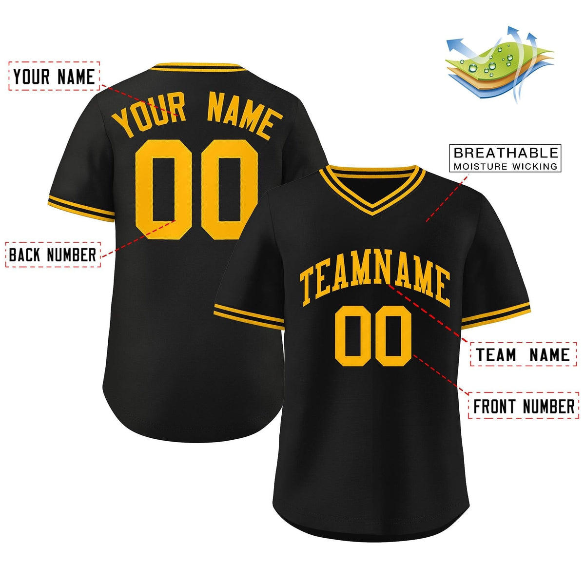 Custom Black Yellow Classic Style Outdoor Authentic Pullover Baseball Jersey