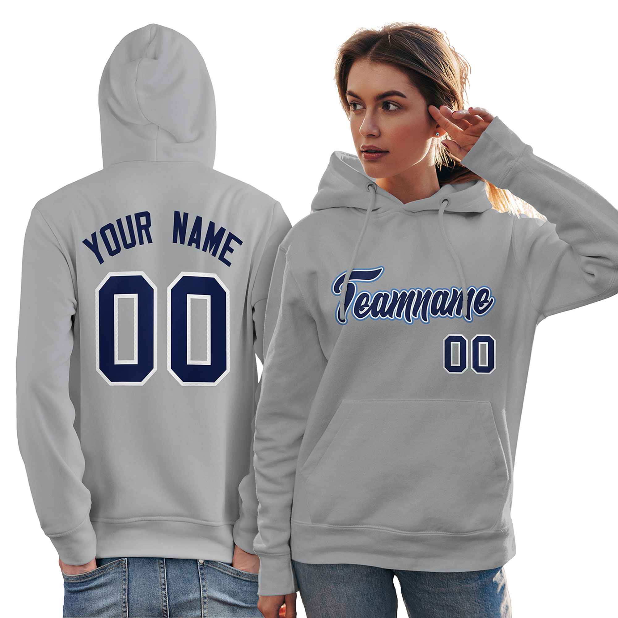Custom Gray Light Blue-Navy Classic Style Personalized Sport Pullover Hoodie