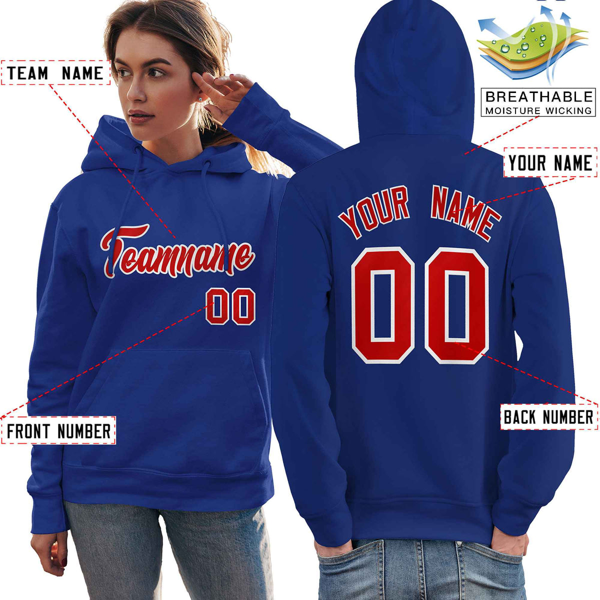 Custom Royal Red-White Classic Style Personalized Sport Pullover Hoodie