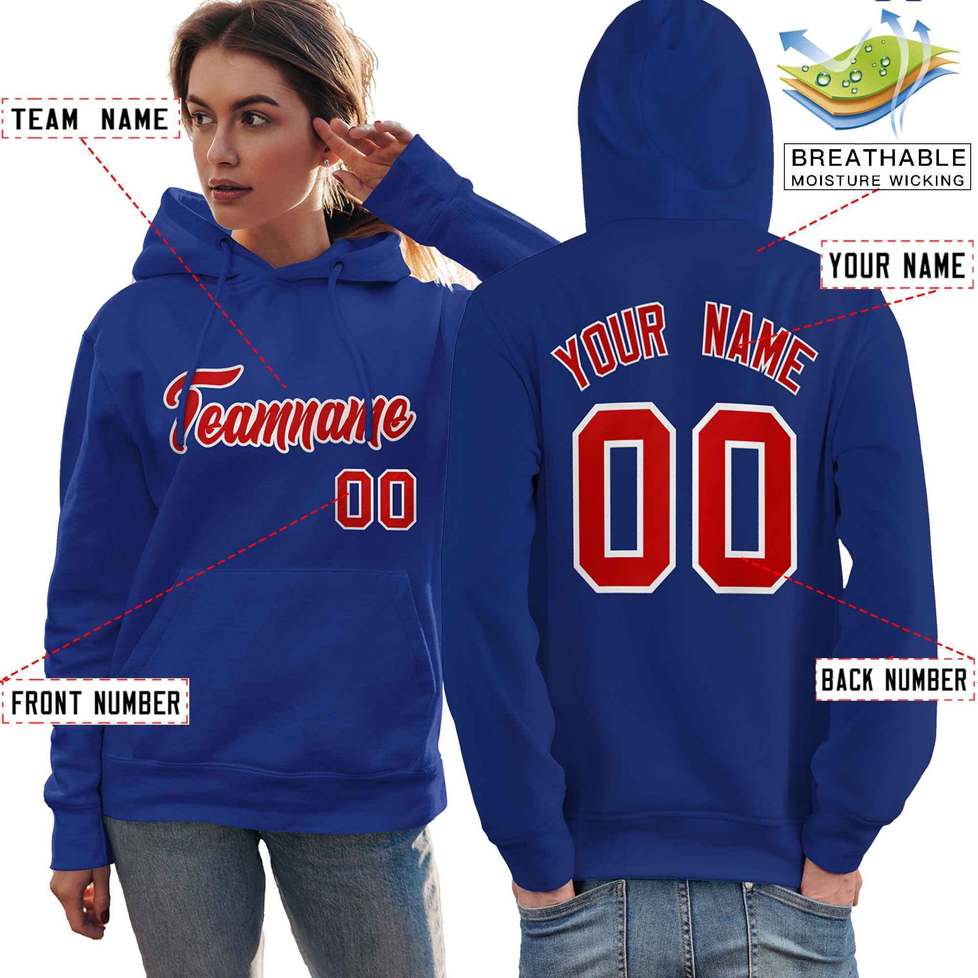 Custom Royal Red-White Classic Style Personalized Sport Pullover Hoodie