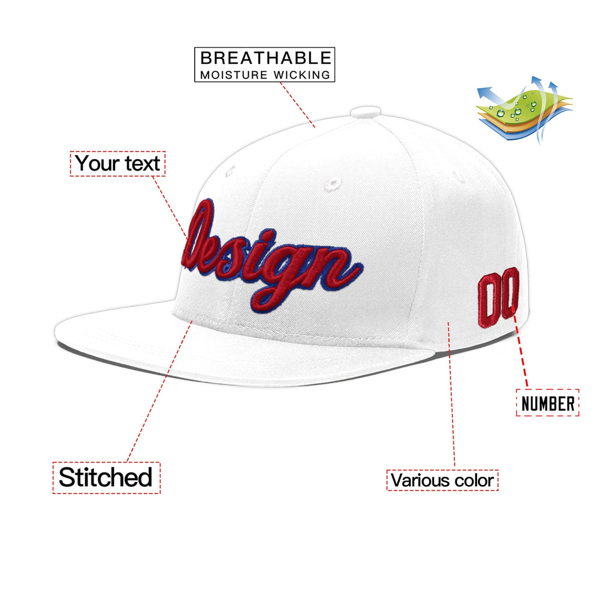 Custom White 3D Puff Embroidery Flat Embroidery Casual Sport Baseball Cap