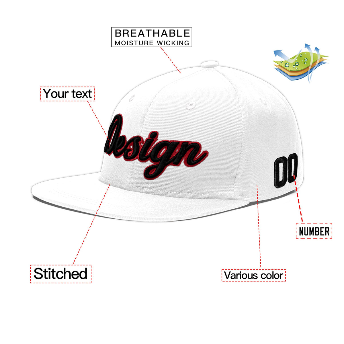 Custom White 3D Puff Embroidery Flat Embroidery Casual Sport Baseball Cap