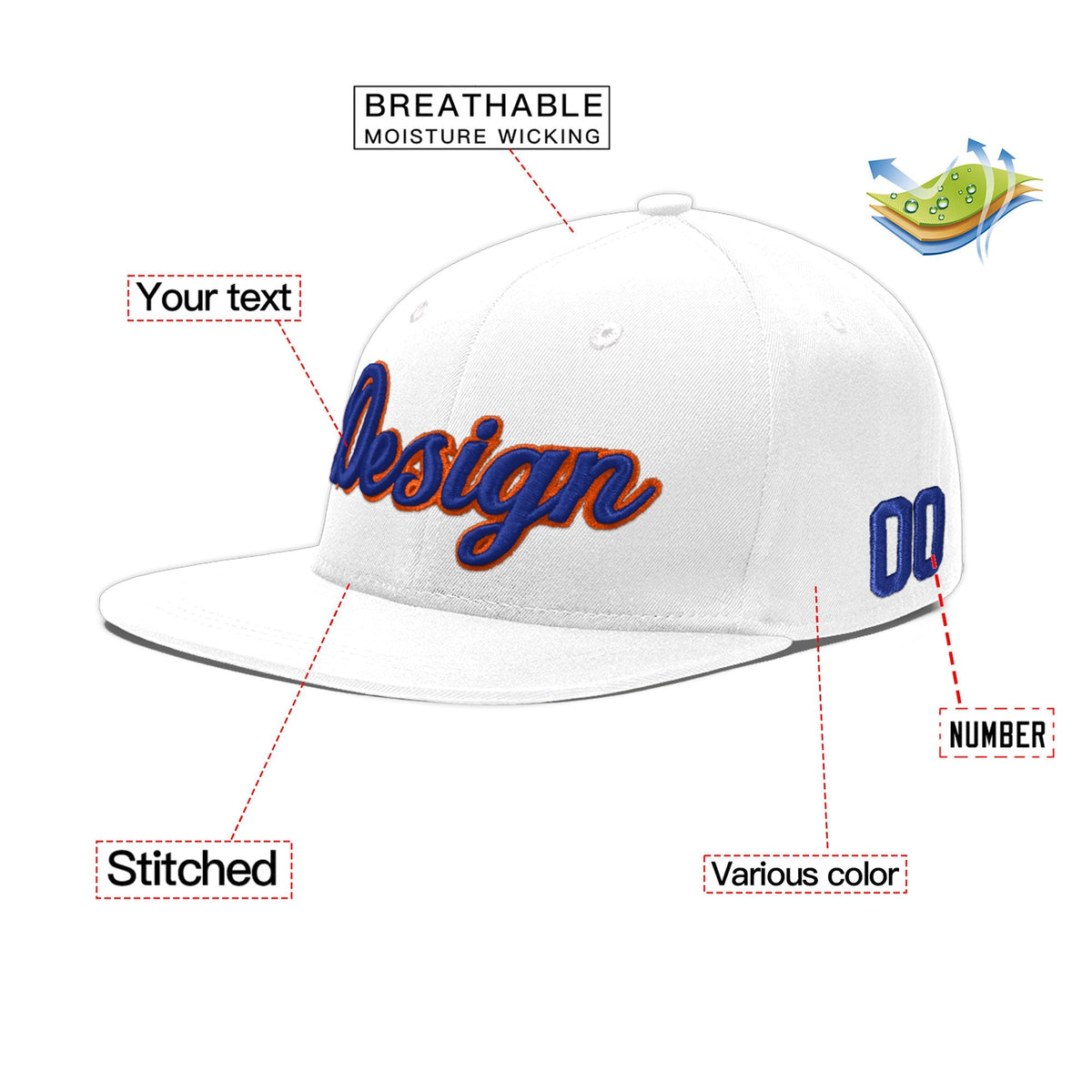 Custom White 3D Puff Embroidery Flat Embroidery Casual Sport Baseball Cap