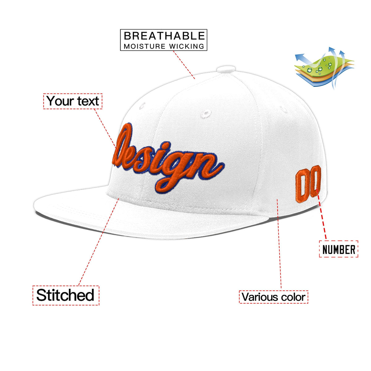 Custom White 3D Puff Embroidery Flat Embroidery Casual Sport Baseball Cap