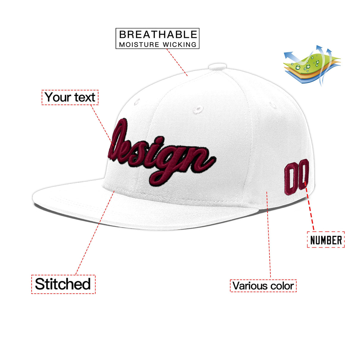 Custom White 3D Puff Embroidery Flat Embroidery Casual Sport Baseball Cap