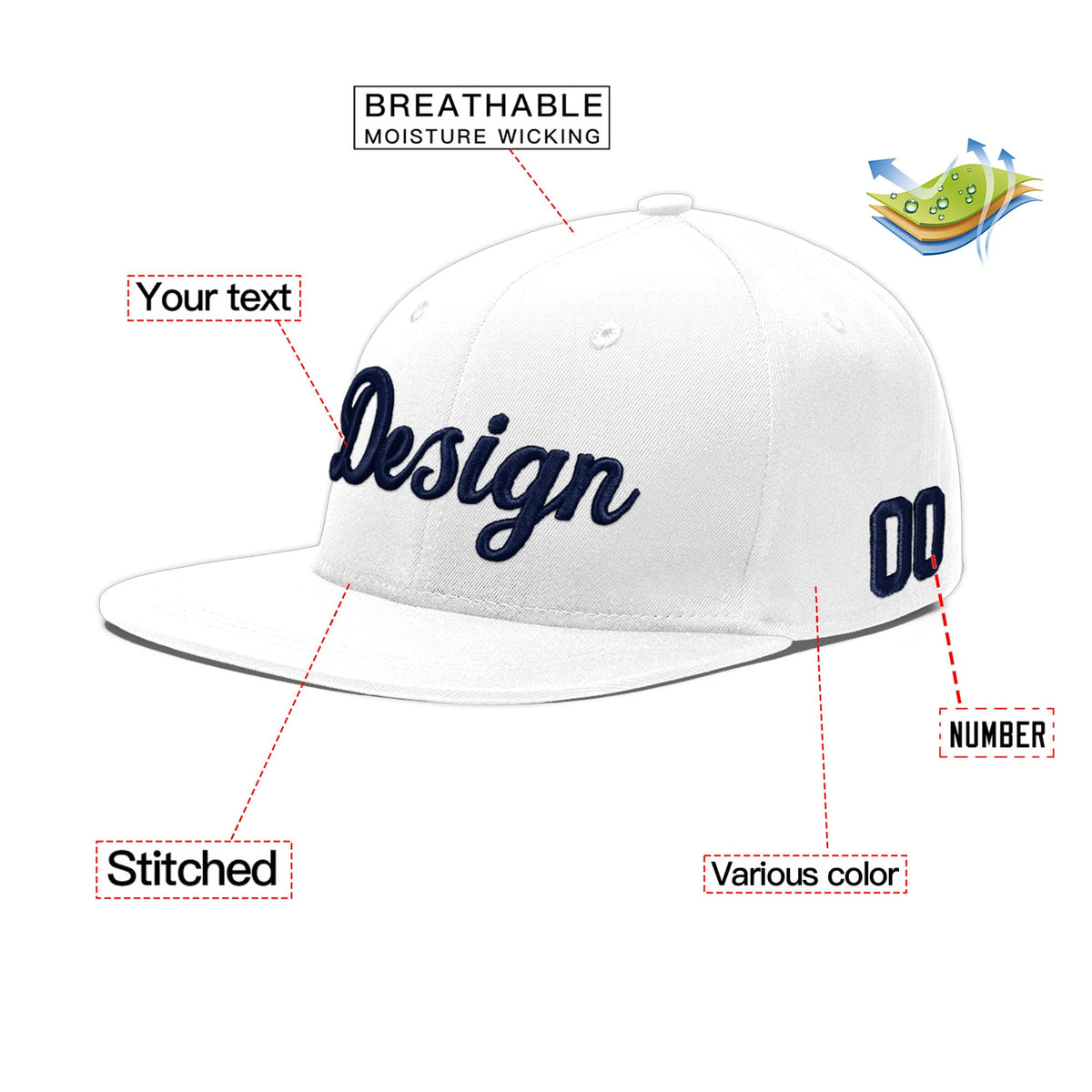 Custom White 3D Puff Embroidery Flat Embroidery Casual Sport Baseball Cap