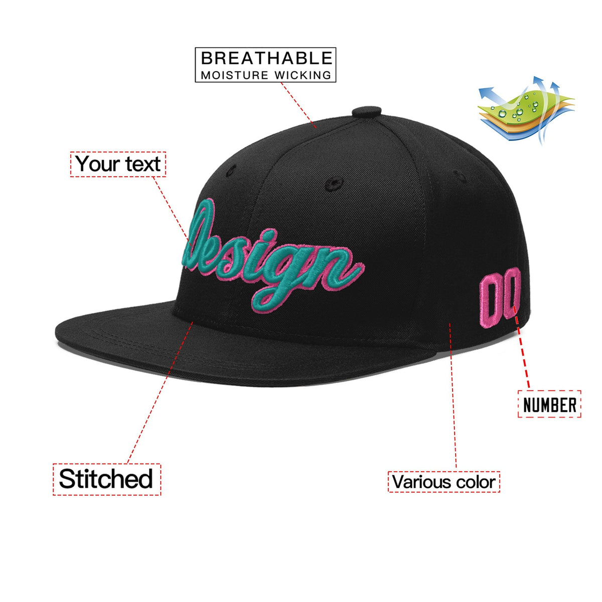 Custom Black 3D Puff Embroidery Flat Embroidery Casual Sport Baseball Cap