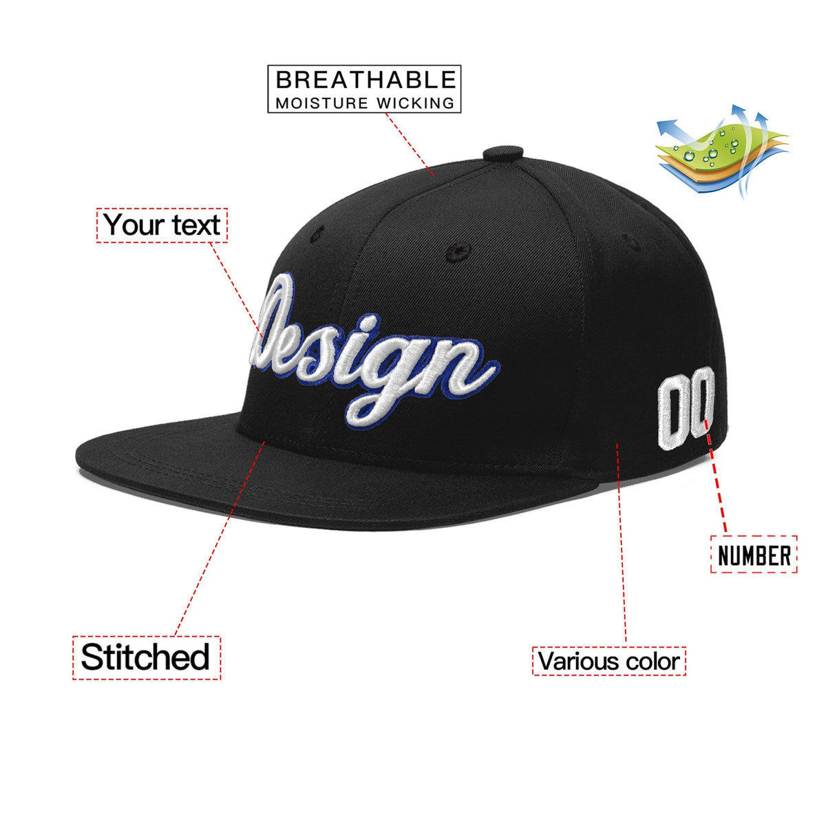 Custom Black 3D Puff Embroidery Flat Embroidery Casual Sport Baseball Cap