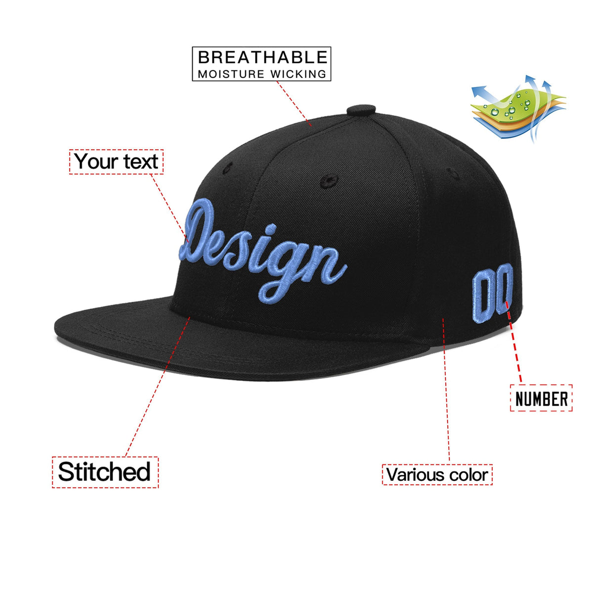 Custom Black 3D Puff Embroidery Flat Embroidery Casual Sport Baseball Cap