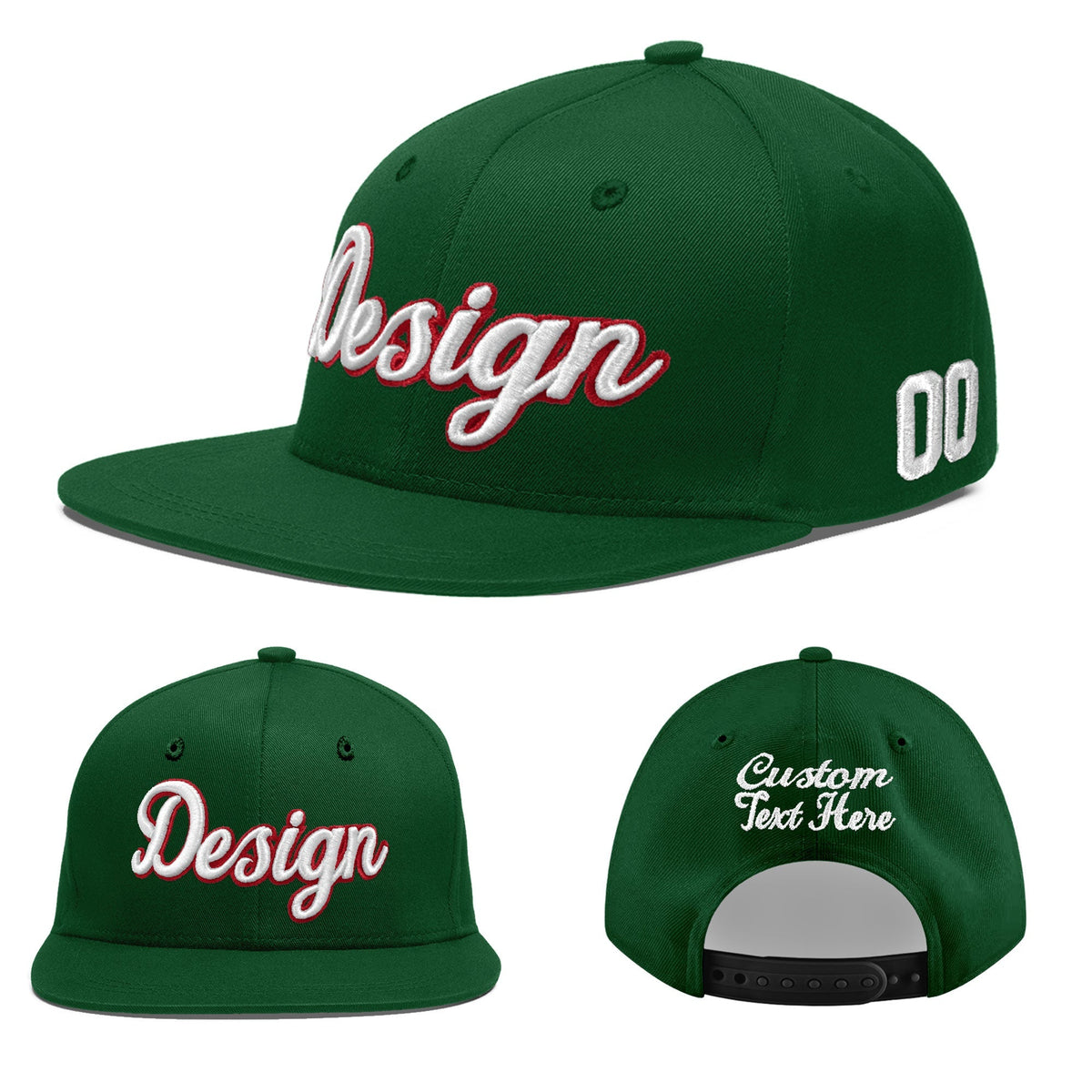 Custom Green 3D Puff Embroidery Flat Embroidery Casual Sport Baseball Cap