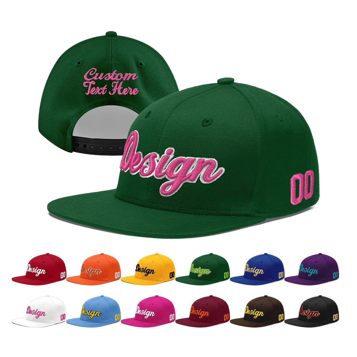 Custom Green 3D Puff Embroidery Flat Embroidery Casual Sport Baseball Cap