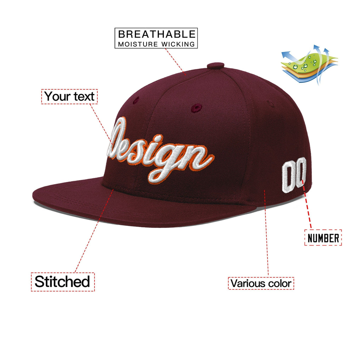 Custom Burgundy 3D Puff Embroidery Flat Embroidery Casual Sport Baseball Cap