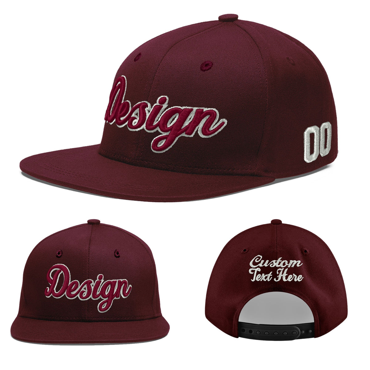 Custom Burgundy 3D Puff Embroidery Flat Embroidery Casual Sport Baseball Cap
