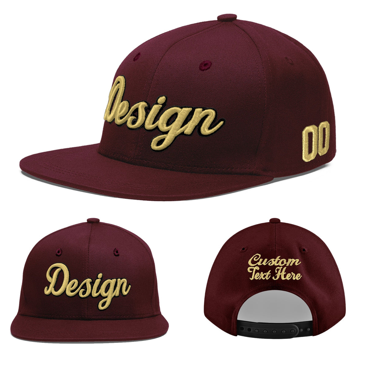 Custom Burgundy 3D Puff Embroidery Flat Embroidery Casual Sport Baseball Cap