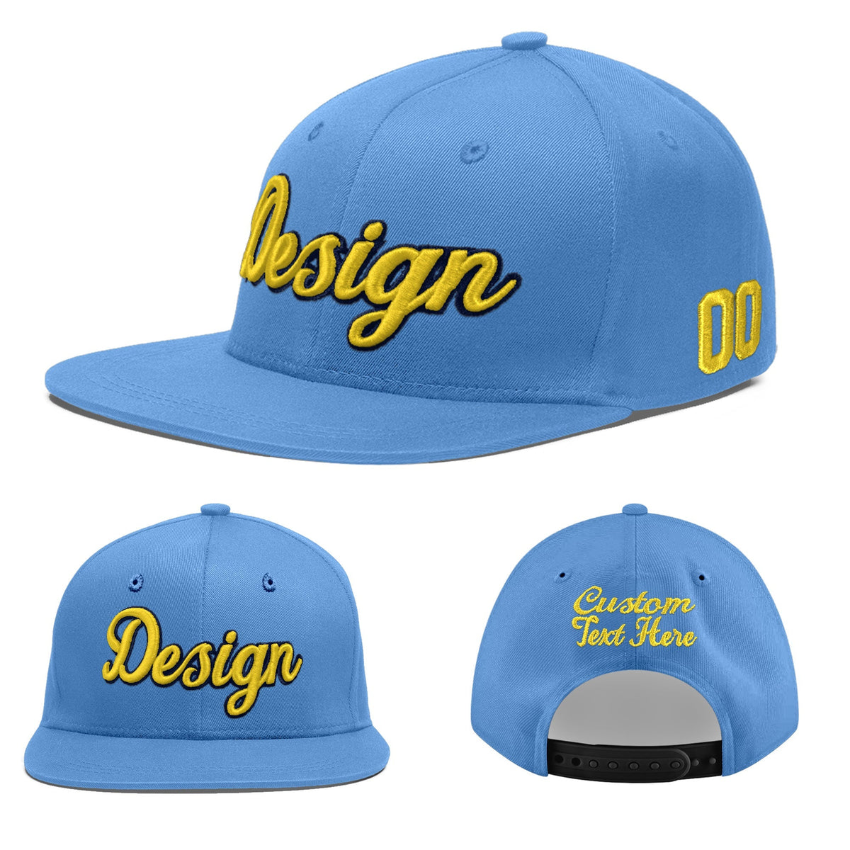 Custom Powder Blue 3D Puff Embroidery Flat Embroidery Casual Sport Baseball Cap
