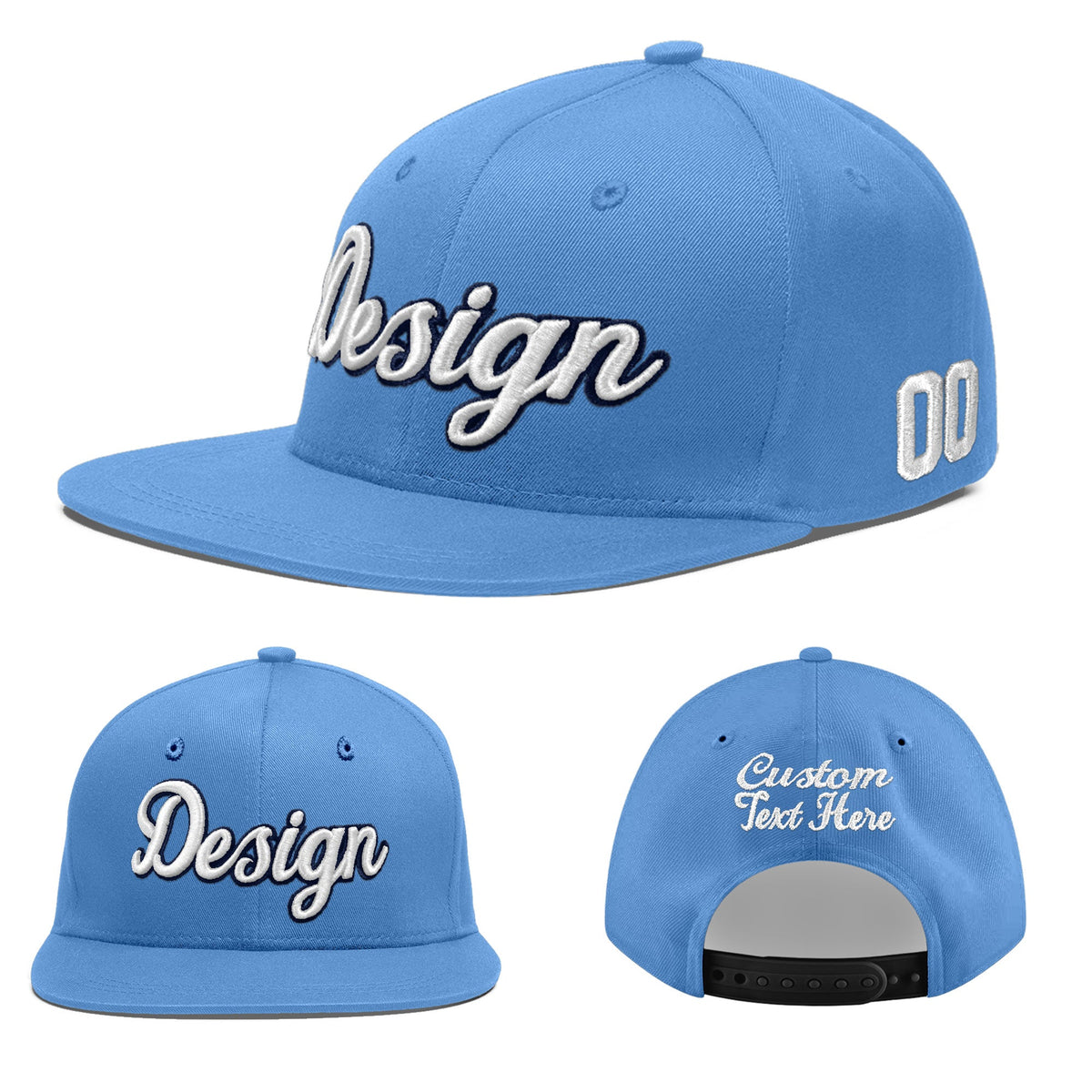 Custom Powder Blue 3D Puff Embroidery Flat Embroidery Casual Sport Baseball Cap
