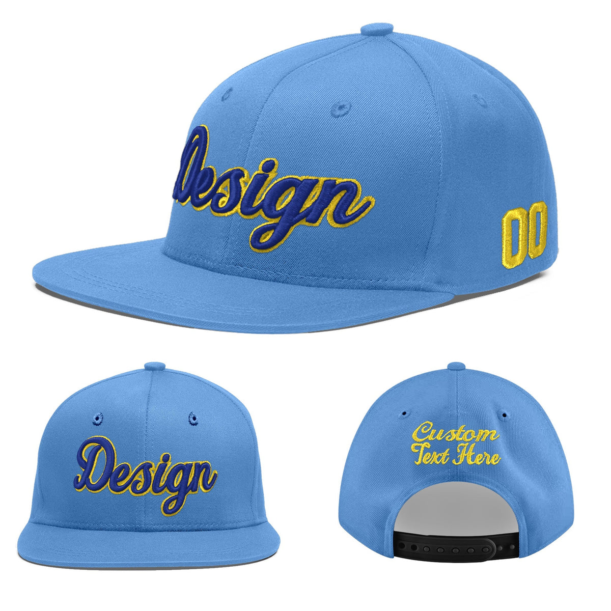 Custom Powder Blue 3D Puff Embroidery Flat Embroidery Casual Sport Baseball Cap