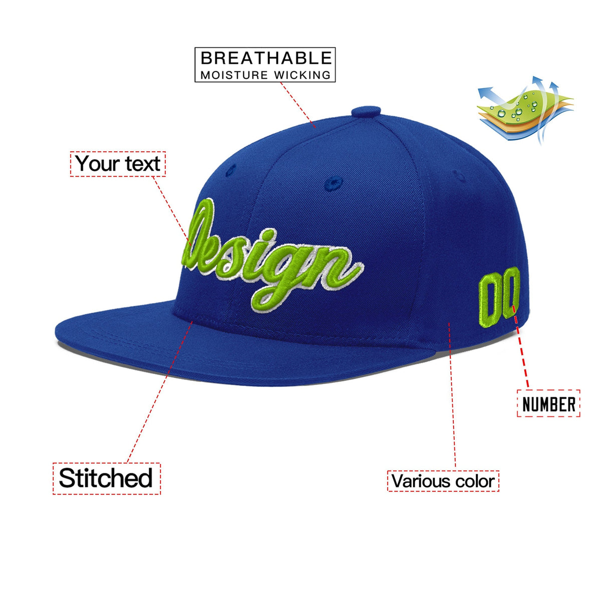 Custom Royal 3D Puff Embroidery Flat Embroidery Casual Sport Baseball Cap