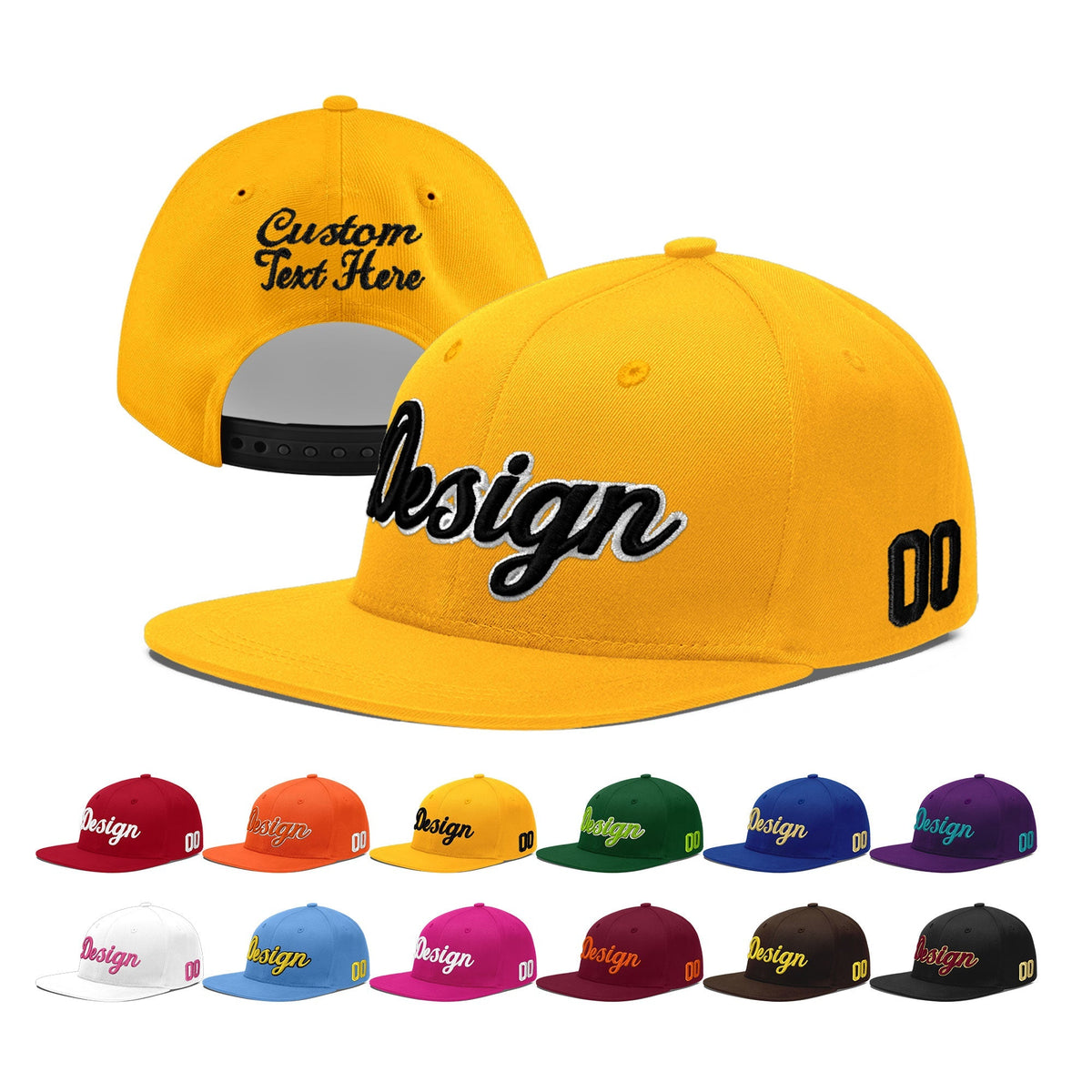 Custom Yellow 3D Puff Embroidery Flat Embroidery Casual Sport Baseball Cap
