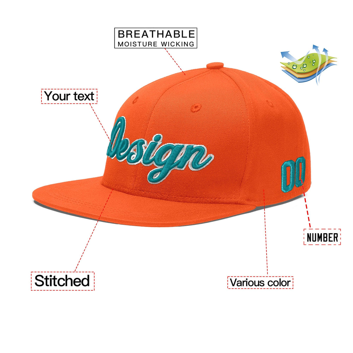 Custom Orange 3D Puff Embroidery Flat Embroidery Casual Sport Baseball Cap