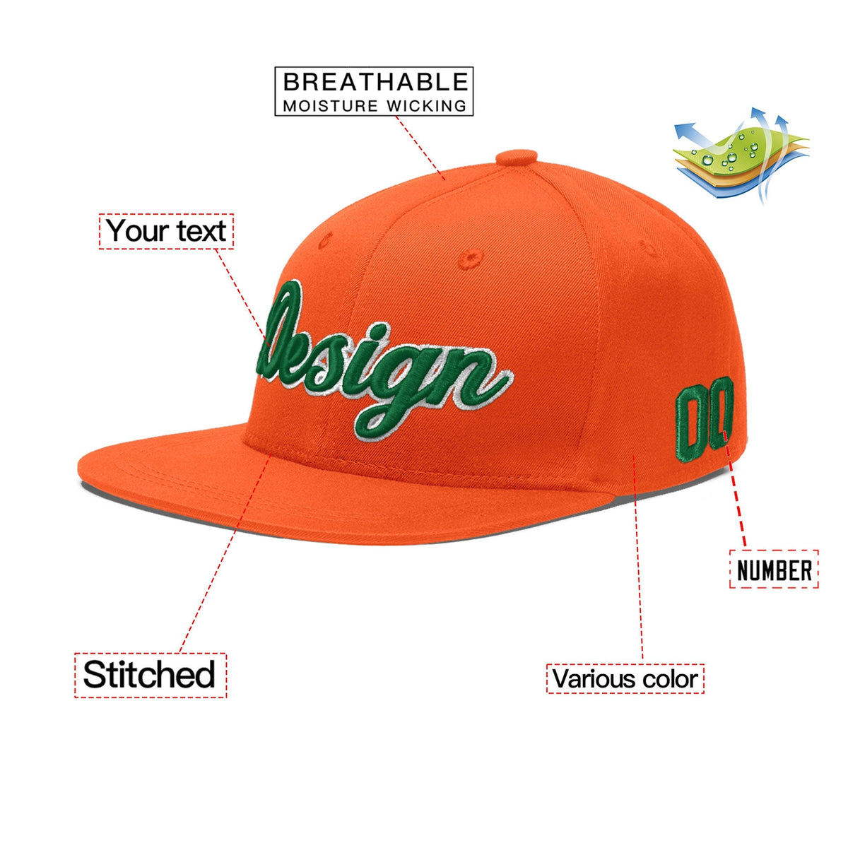 Custom Orange 3D Puff Embroidery Flat Embroidery Casual Sport Baseball Cap