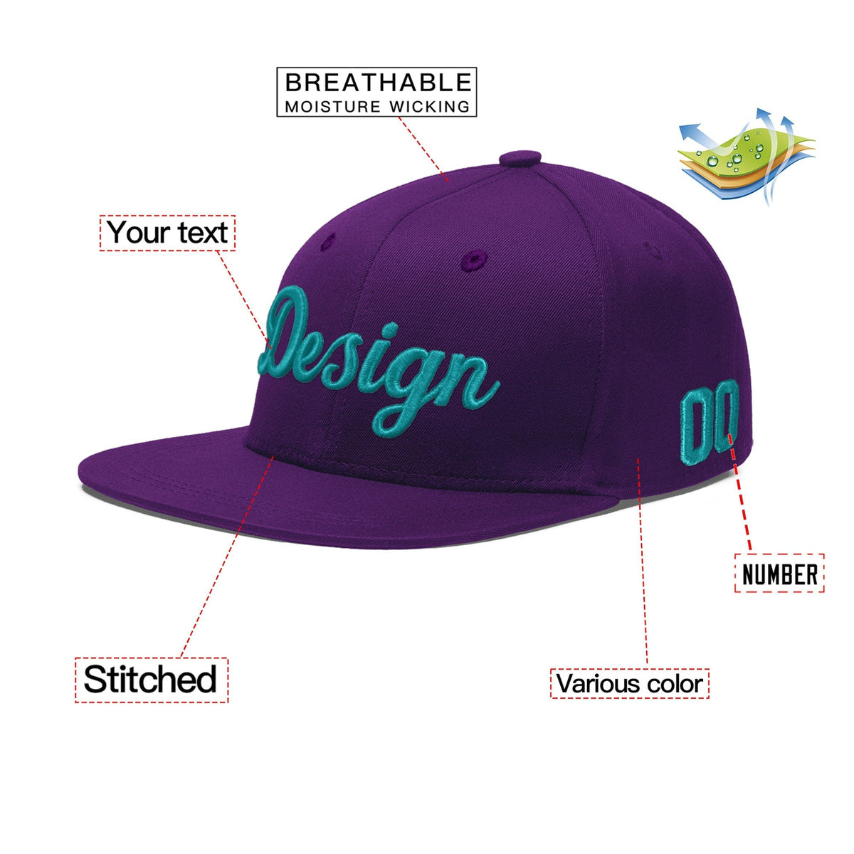 Custom Purple 3D Puff Embroidery Flat Embroidery Casual Sport Baseball Cap