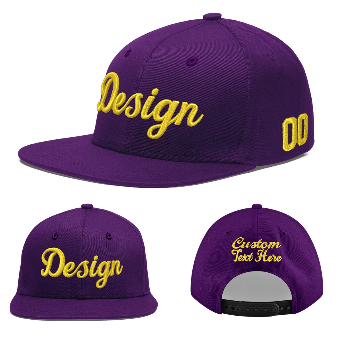 Custom Purple 3D Puff Embroidery Flat Embroidery Casual Sport Baseball Cap