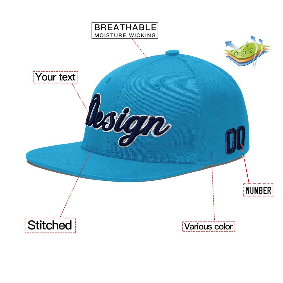 Custom Light Blue 3D Puff Embroidery Flat Embroidery Casual Sport Baseball Cap