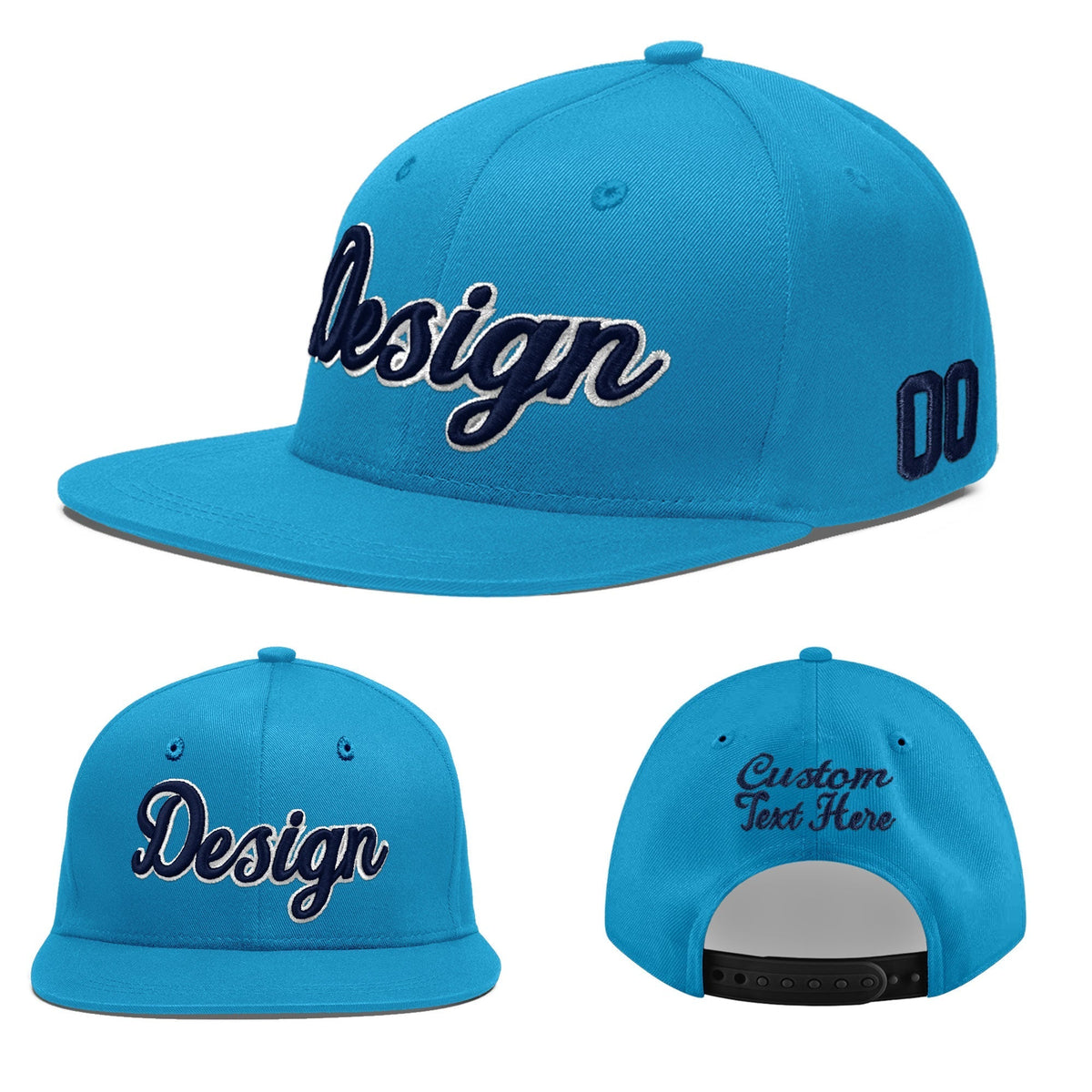 Custom Light Blue 3D Puff Embroidery Flat Embroidery Casual Sport Baseball Cap
