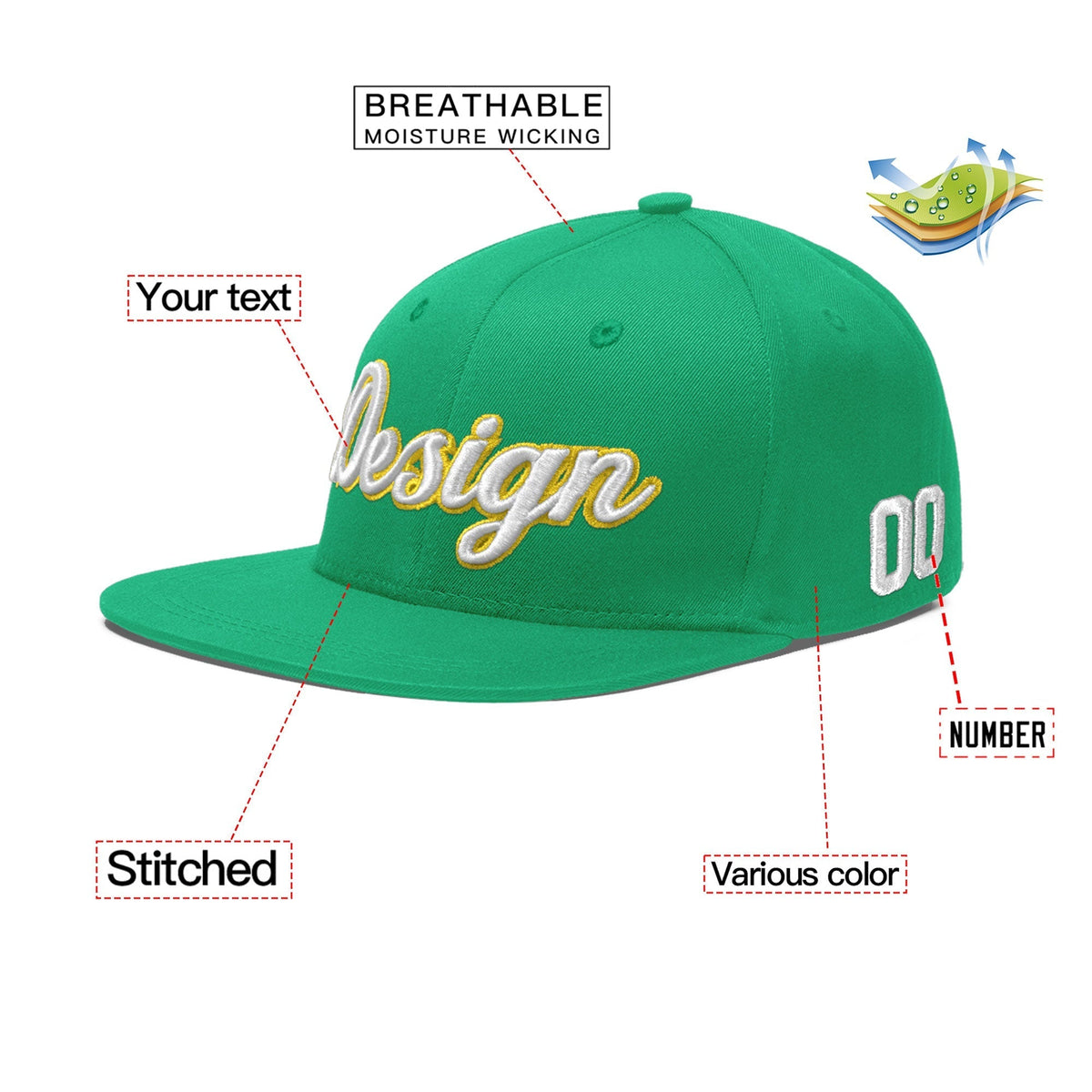 Custom Aqua 3D Puff Embroidery Flat Embroidery Casual Sport Baseball Cap