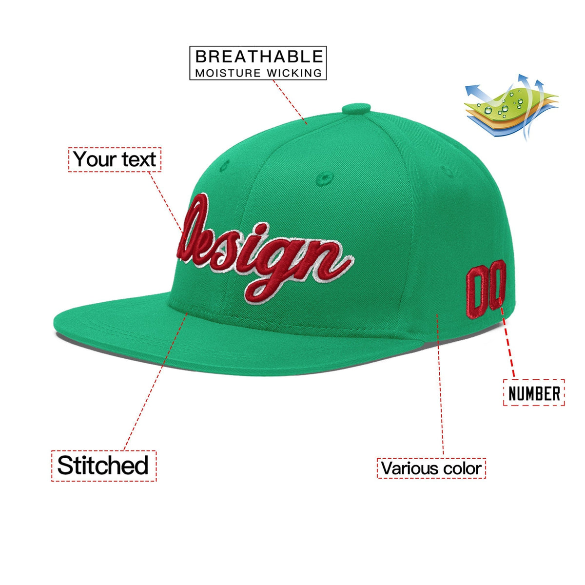Custom Aqua 3D Puff Embroidery Flat Embroidery Casual Sport Baseball Cap