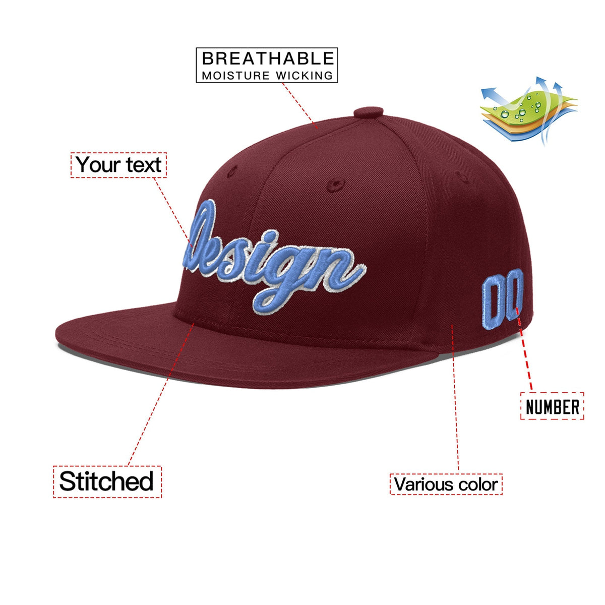 Custom Maroon 3D Puff Embroidery Flat Embroidery Casual Sport Baseball Cap