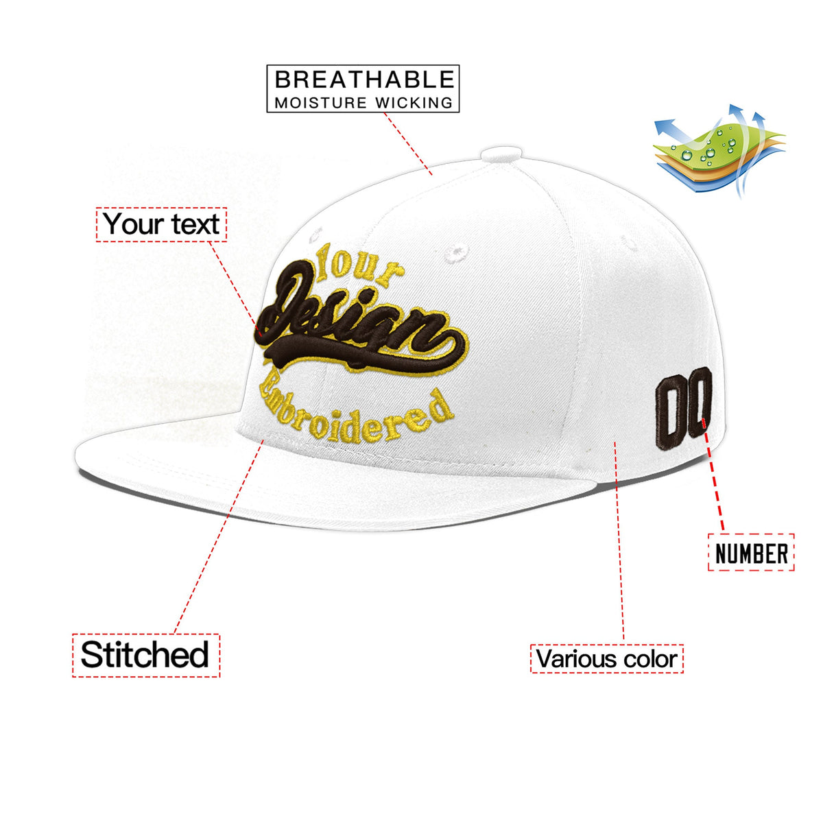 Custom White 3D Puff Embroidery Flat Embroidery Casual Sport Baseball Cap