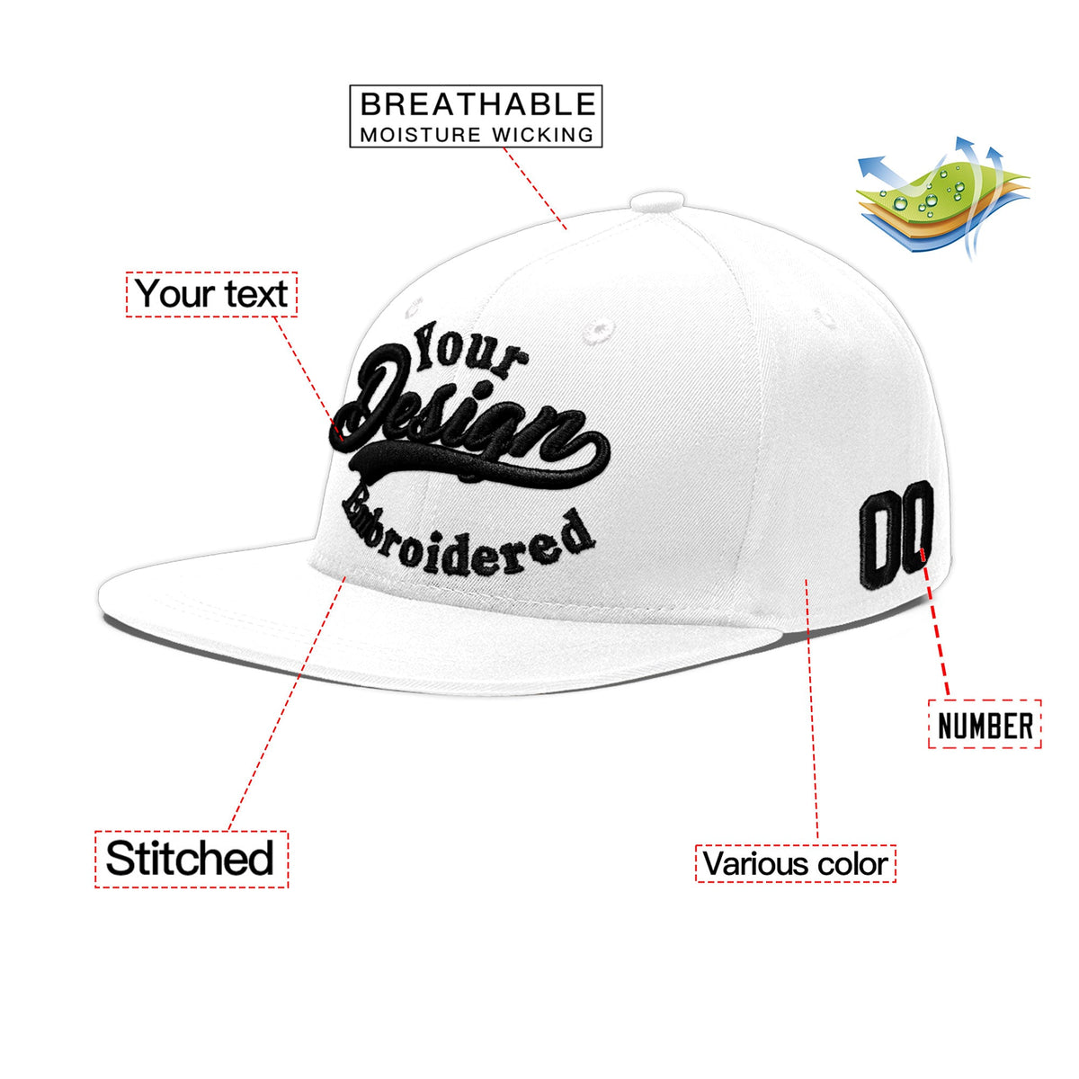 Custom White 3D Puff Embroidery Flat Embroidery Casual Sport Baseball Cap