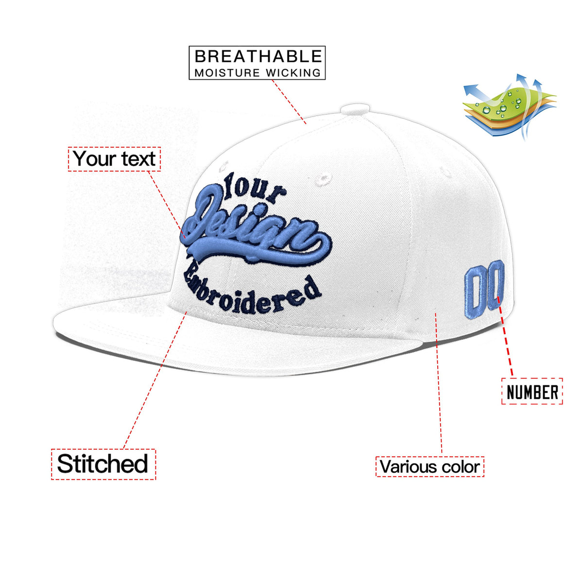 Custom White 3D Puff Embroidery Flat Embroidery Casual Sport Baseball Cap