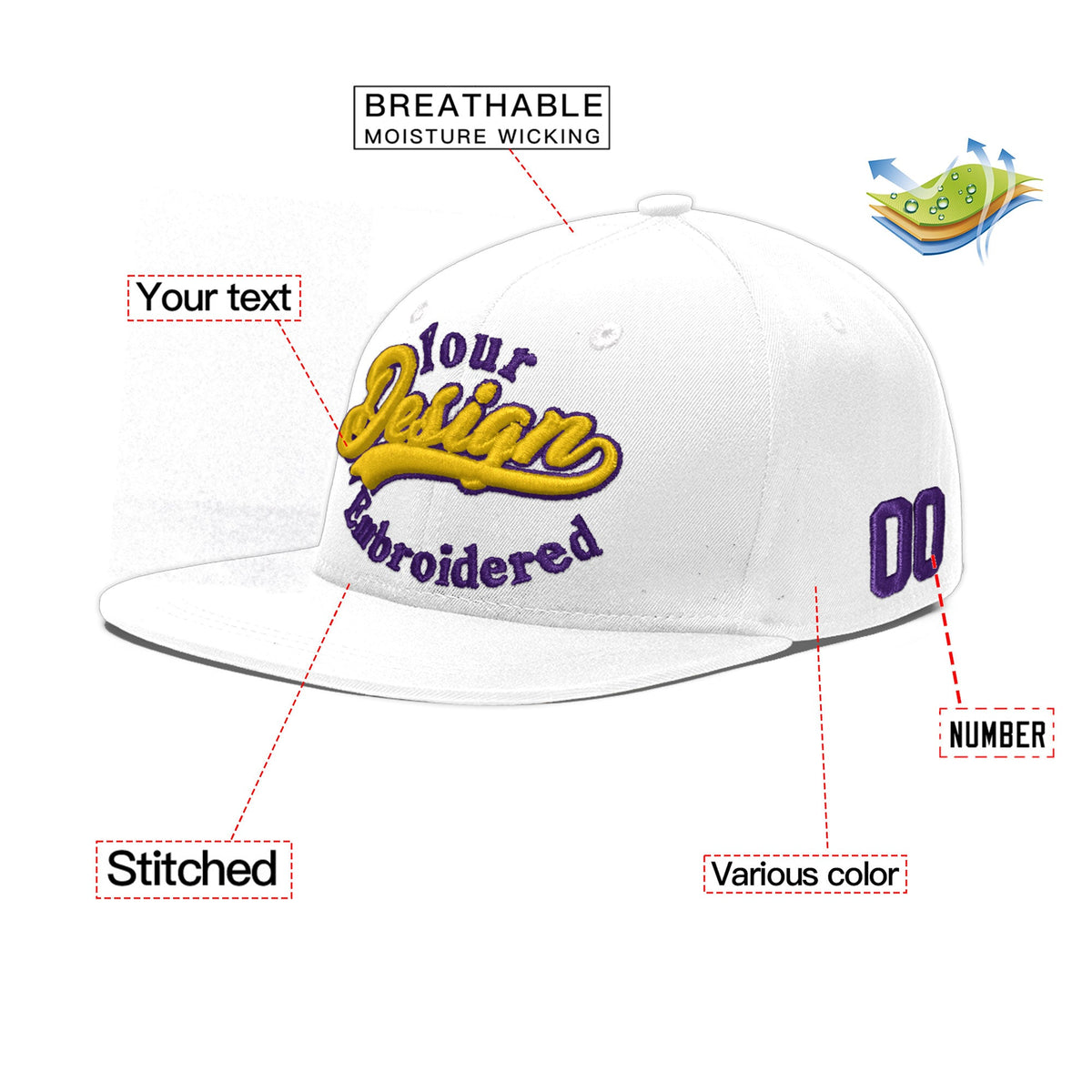 Custom White 3D Puff Embroidery Flat Embroidery Casual Sport Baseball Cap