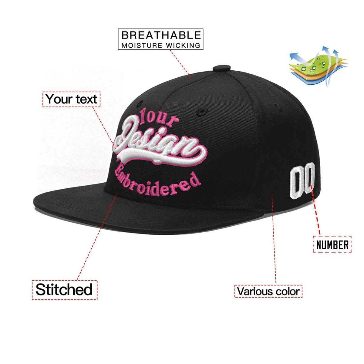 Custom Black 3D Puff Embroidery Flat Embroidery Casual Sport Baseball Cap
