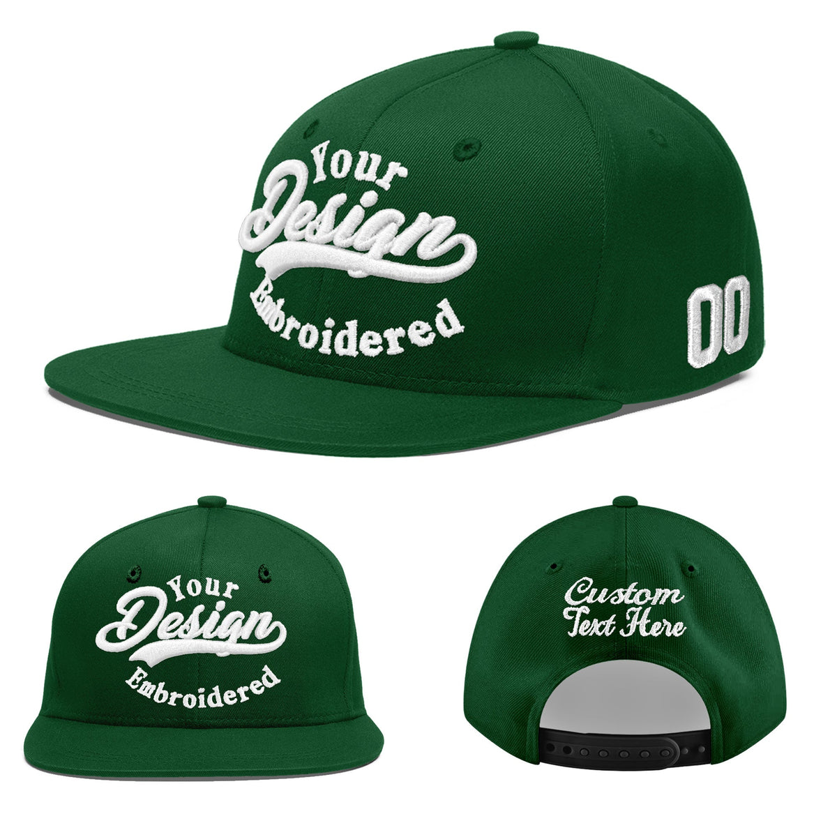 Custom Green 3D Puff Embroidery Flat Embroidery Casual Sport Baseball Cap