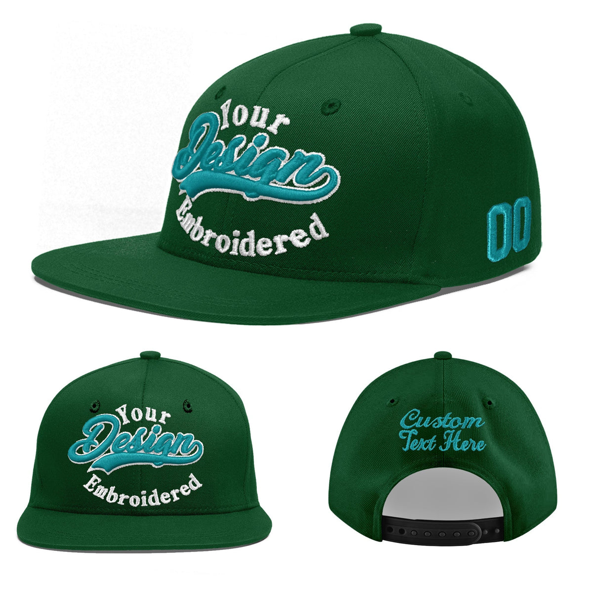 Custom Green 3D Puff Embroidery Flat Embroidery Casual Sport Baseball Cap