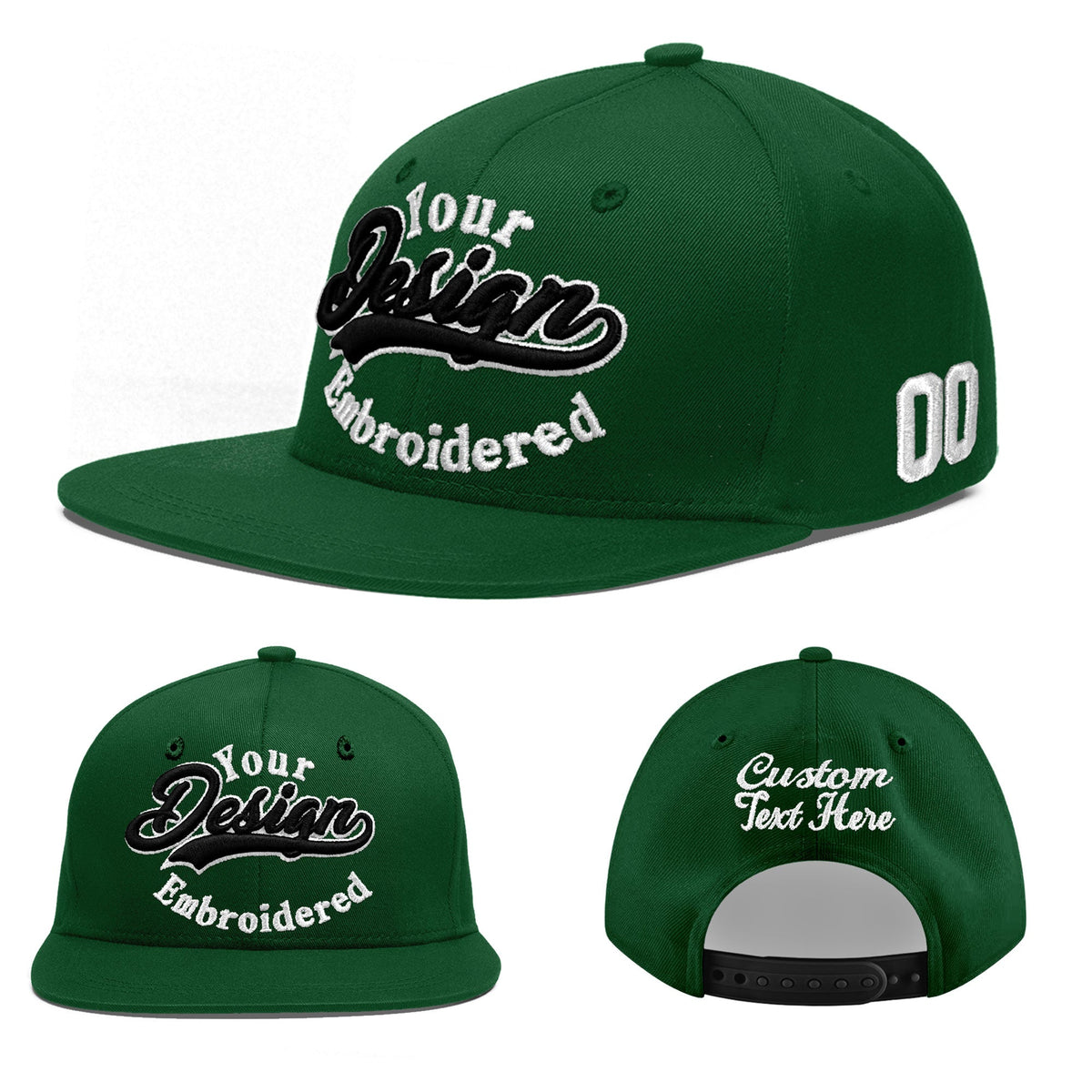 Custom Green 3D Puff Embroidery Flat Embroidery Casual Sport Baseball Cap