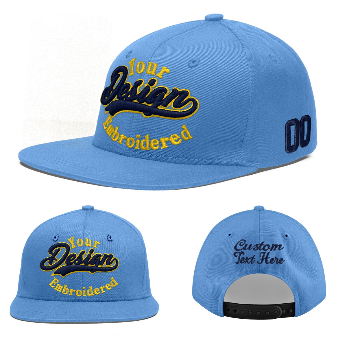 Custom Powder Blue 3D Puff Embroidery Flat Embroidery Casual Sport Baseball Cap