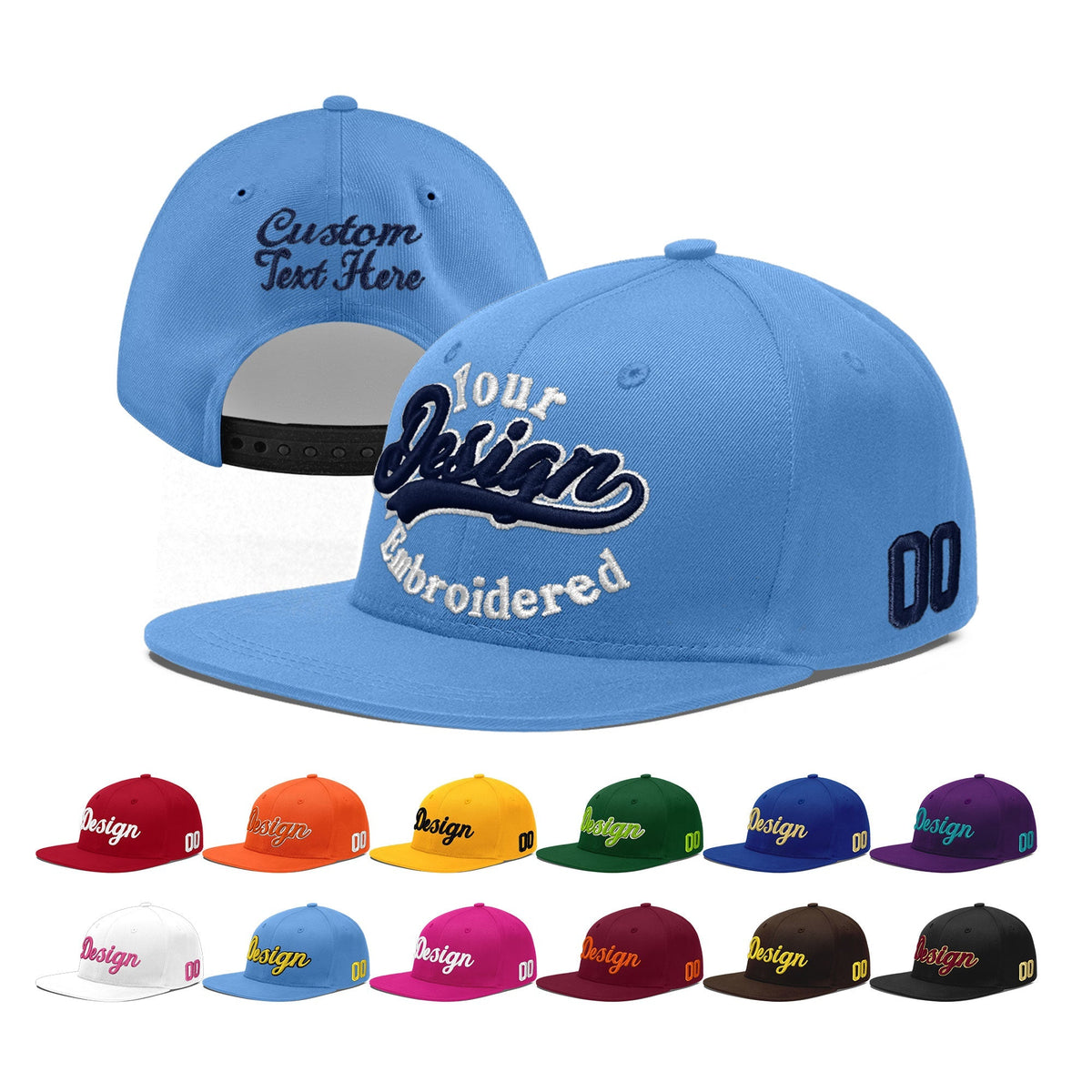 Custom Powder Blue 3D Puff Embroidery Flat Embroidery Casual Sport Baseball Cap