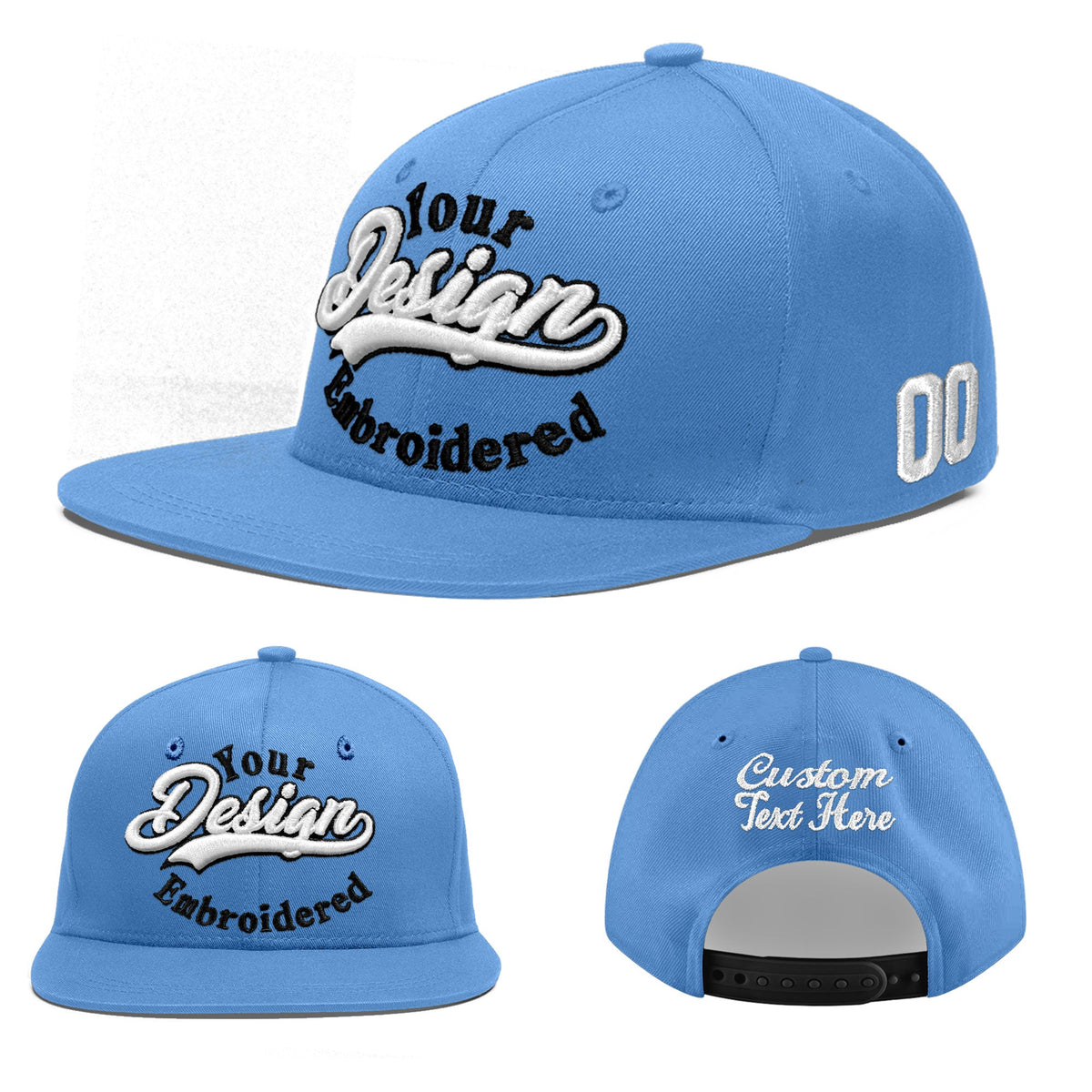 Custom Powder Blue 3D Puff Embroidery Flat Embroidery Casual Sport Baseball Cap