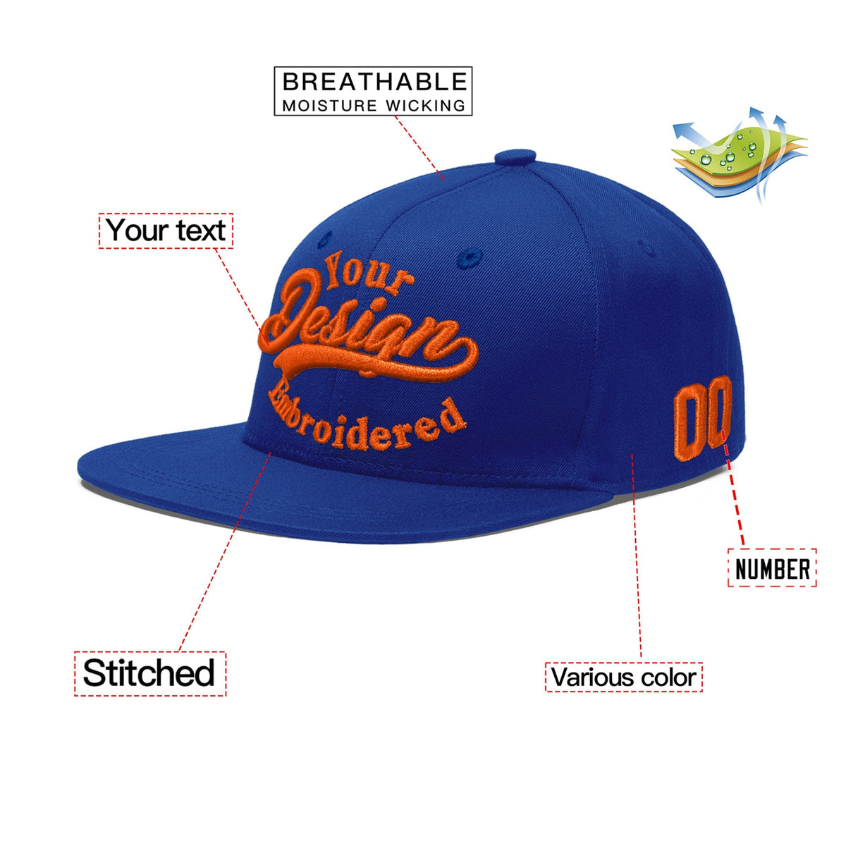 Custom Royal 3D Puff Embroidery Flat Embroidery Casual Sport Baseball Cap